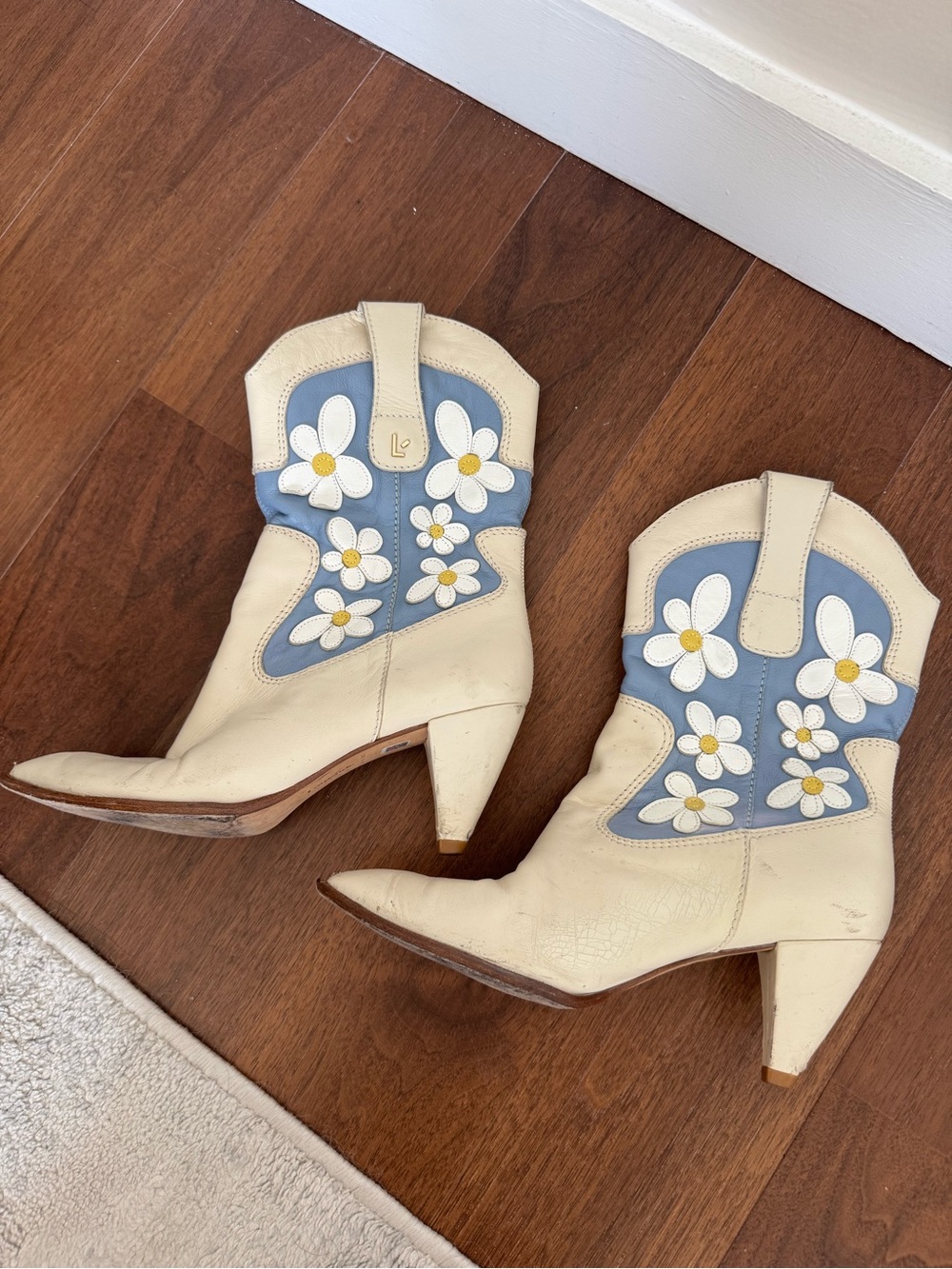 Larroude Cream and Blue Daisy Western Heeled Boots